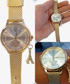 Relógio Feminino Minie Barato Dourado Pingente Torre Eiffel