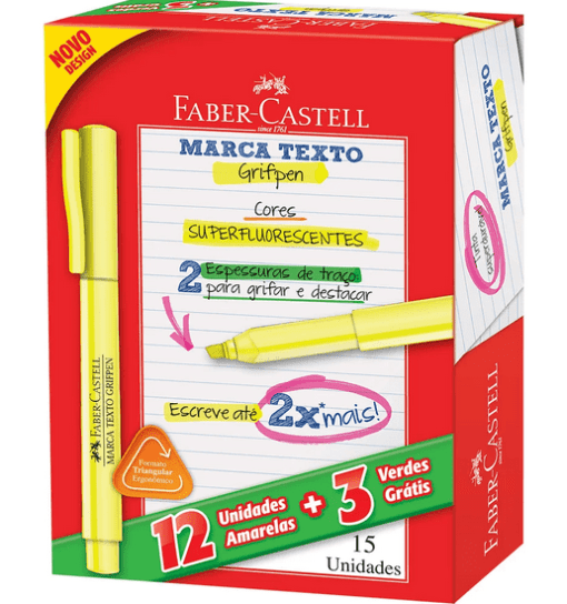 Marca Texto Grifpen Caixa Com 12 Unidades Amarelas + 3 Verdes Grátis Faber-Castell CX 12 UN - Imagem 2