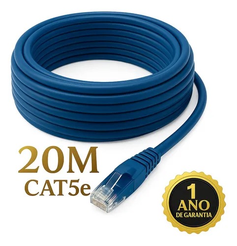 Cabo De Rede 20 Metros 20m Lan Internet Crimpado Rj45 Cat5e Azul Dtimp
