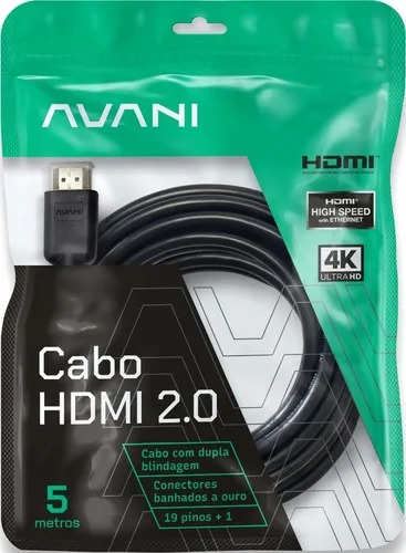 Cabo Hdmi 5 Metros Dupla Blindagem Reforçado Conector Banhado À Ouro 24k Versão 2.0 19 Pinos 4k Ultra Hd 2160p Hdr Arc C