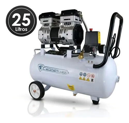 Compressor De Ar 750-25L 120psi Silencioso Isento Óleo Cor Branco Fase elétrica Monofásica