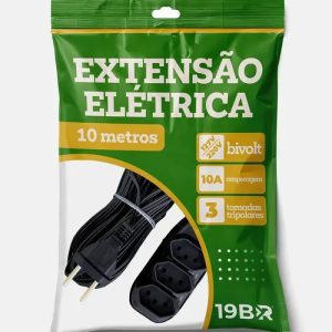 Extensão Elétrica 10 Metros Bivolt Preto 3 Tomada Tripolar Preto