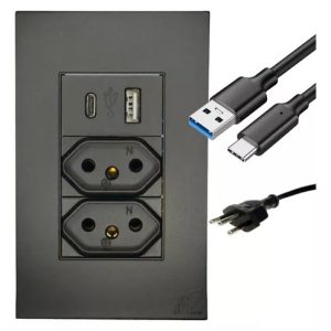 Tomada Dupla Carregador Turbo USB Tipo C parede Tomada Com Espelho Universal Bivolt Jwcom Unidade