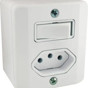 Interruptor Com Tomada 10a Sistema X Caixa Sobrepor Externo Cor Branco