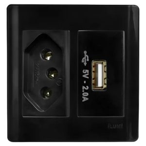 Usb 2a + Tomada 20a P/ Móveis Embutir Ilumi Slim Preta