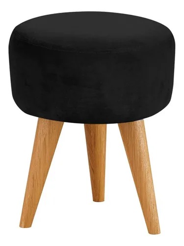 Banqueta Retro Preto Redonda Confortavel Com Pes De Madeira