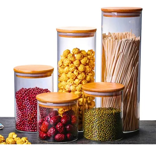 Kit 5 Potes de Vidro Herméticos com Tampa de Bambu para Mantimentos, Grãos, Café, Massas e Cereais - NYBC