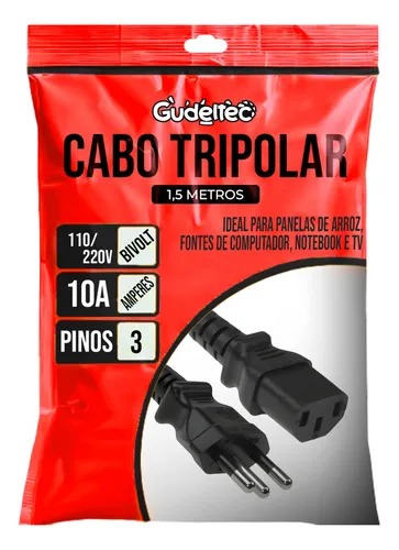Cabo De Força Tripolar 3 Pinos Padrão Brasileiro 10a Serve Panela De Arroz, Fonte Pc/notebook,impressoras - Gudeltec