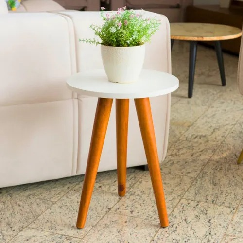 Mesa De Canto Lateral Redonda 35x40 Macramiss Pé Palito Madeira Maciça Mesinha De Apoio Centro Mdf Para Sala Quarto