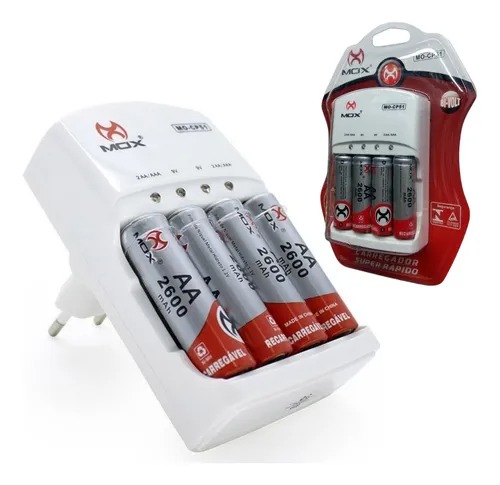 Carregador De Pilhas Rápido Bivolt + 4 Pilha Aa Recarregável