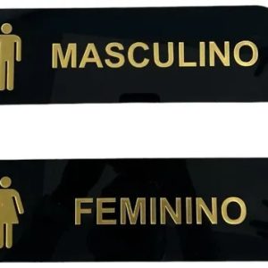 Kit 2 Placas Wc Acrílico Preto C/ Dourado Masculino Feminino