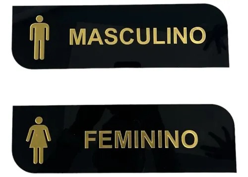 Kit 2 Placas Wc Acrílico Preto C/ Dourado Masculino Feminino