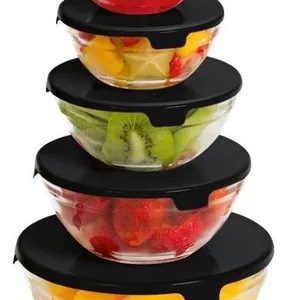 Conjunto 5 Tigelas Potes Bowls De Vidro Com Tampa Preta