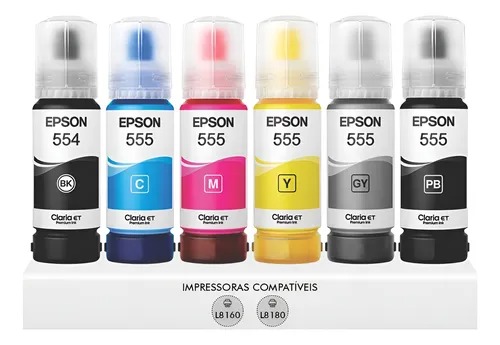 Kit 6 Refis De Tinta Epson T554 T555 Fotográfica L8160 L8180 Preto Ciano Magenta Cinza Preto Pigmentado Amarelo