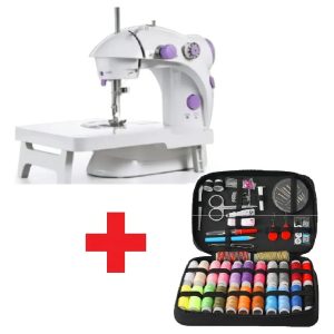 Kit 1 Mini Máquina De Costura Com Mesa E Kit De Costura Cor Branco