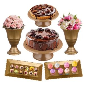 Kit 2 Boleira + 2 Vasos + 2 Bandejas Decoração Festa 6 Peças Cor Dourado