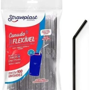 500 Canudo Preto Flexível Strawplast Para Drinks