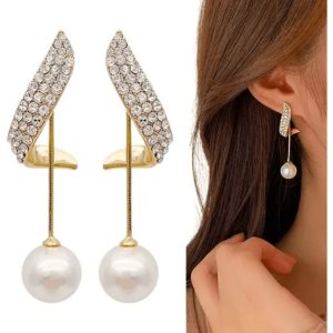 Brinco Longo De Festa Perola Strass Luxo Elegante Noiva Madrinha Cor Dourado Reis Acessórios