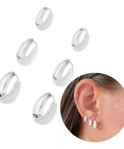 Trio Argolinha Gota Detalhes Prata Delicada Feminina Banhada