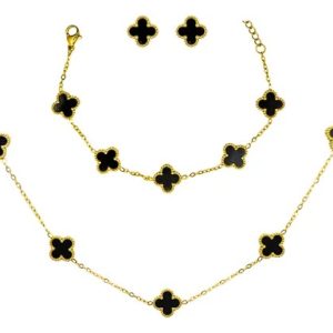 Kit Colar Choker Pulseira E Brinco Trevo Preto Aço Inox