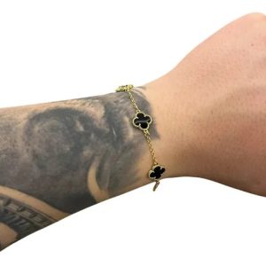 Pulseira Trevo Preta - Fecho Tradicional Banhada A Ouro 18k
