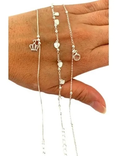 Kit Com 03 Tornozeleiras Folheadas A Prata 25 Cm