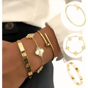 Kit 3 Pulseiras Bracelete Aço Inox Trevo Love Prego Banho de Ouro 18k Perochecha