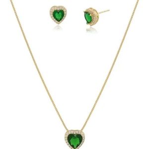 Conjunto Colar E Brinco Coracao De Pedra Verde Banhado Ouro