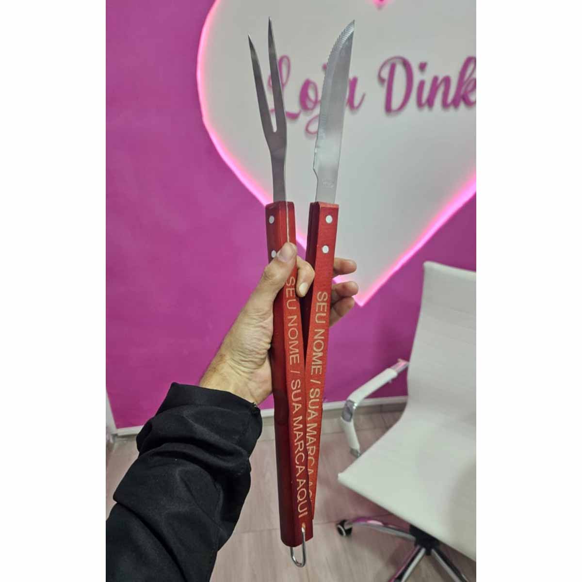 Kit para churrasco garfo e faca grande personalizado com nome marca logo frase