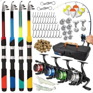 Pescamping Kit Pesca Completo 4 Varas Fibra De Vidro E 4 Molinetes Leve Com Linha - Maleta Com Acessórios Bóias Chumbada