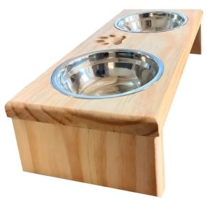 Comedouro P/ Gato Cachorro Pet Elevado Duplo 2 Potes Madeira Marrom-claro