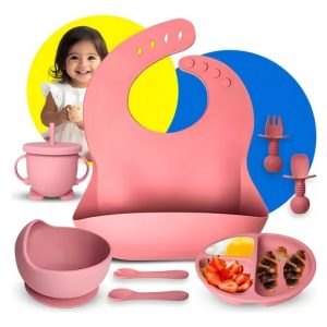 Kit 8 Peças Introdução Alimentar Infantil Conjunto Papinha Pratinho Silicone Babador Anatomico Cor Rosa Clickbuy