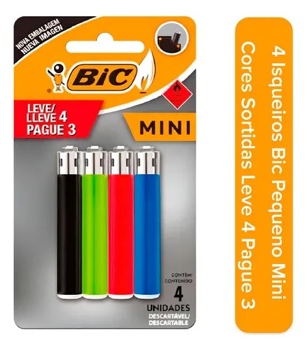 Isqueiro Mini Bic Original 4 Unidades Display Cores Sortidas