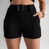 Shorts Feminino Cinto Crepe Bermuda Curto Elastano Bolso Top