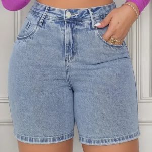 Bermuda Jeans Cintura Alta Feminina Com Estonado Na Lavagem