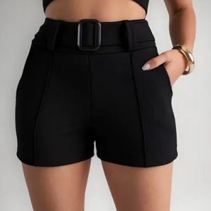 Shorts Feminino Cinto Crepe Bermuda Curto Elastano Bolso Top