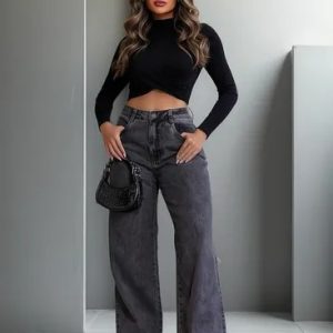 Calça Jeans Feminina Wide Leg Pantalona 100% Algodão