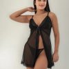 Camisola Sexy Aberta Fenda Tule Renda Calcinha Fio Dental