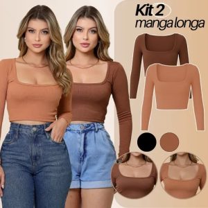 Kit 2 Blusa Feminina Cropped Manga Longa Canelada P M G