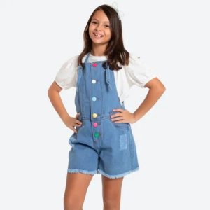 Jardineira Macaquinho Jeans Infantil Juvenil Menina Luxo