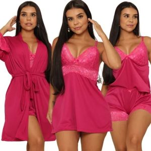 Kit Robe Roupão + Camisola De Renda + Baby Doll De Luxo