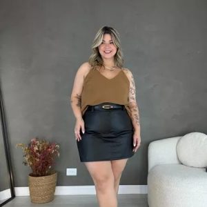 Short Saia Plus Size Couro Com Cinto Casual Saia 360