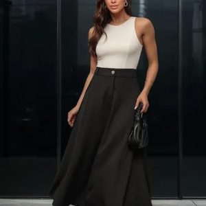 Saia Longa Feminina Evasê Alfaiataria Social Com Bolso