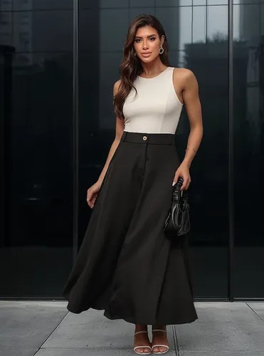 Saia Longa Feminina Evasê Alfaiataria Social Com Bolso