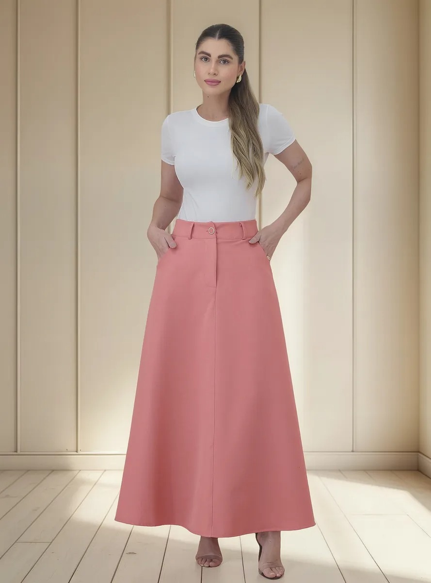 Saia Feminina Longa Design Saiaxshort Botao Cinto - Ma7106