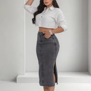 Saia Jeans Feminina Longa Midi Evangélica Cintura Alta