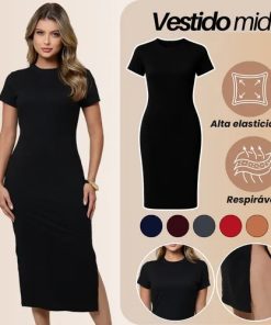Vestido Midi Canelado Casual Básico Acinturado Modelador
