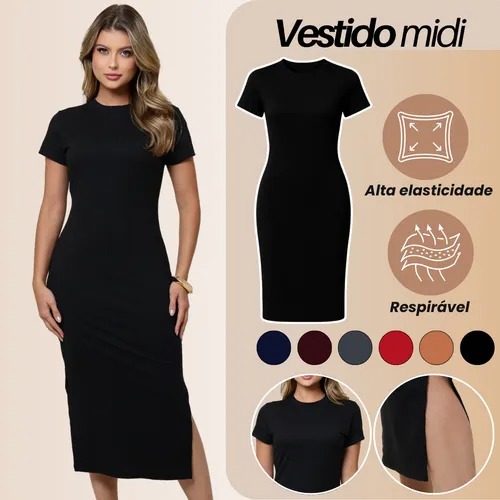 Vestido Midi Canelado Casual Básico Acinturado Modelador