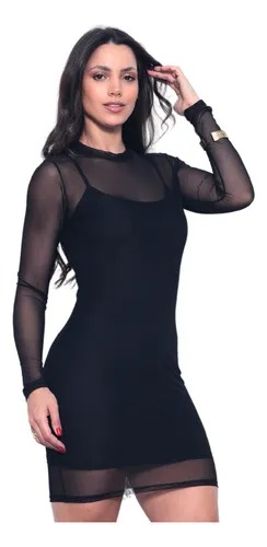 Vestido Feminino Preto De Tule + Forro Transparência Balada