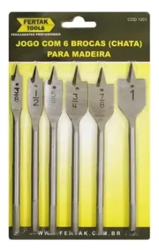Jogo Kit 6 Brocas Chata Para Madeira 3/8 1/2 5/8 3/4 7/8 1